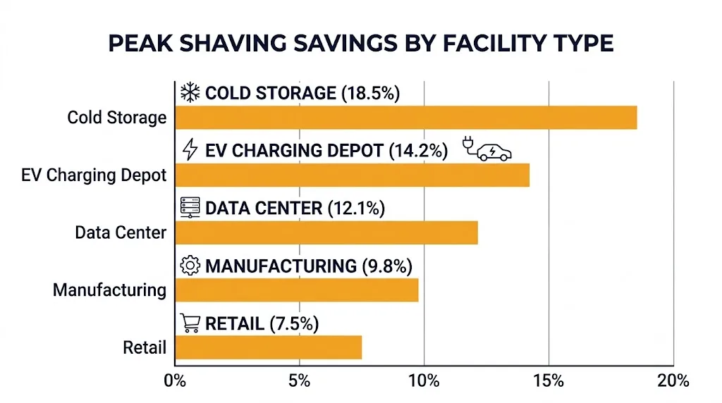 Bar chart comparing typical demand charge reduction percentage by facility type
