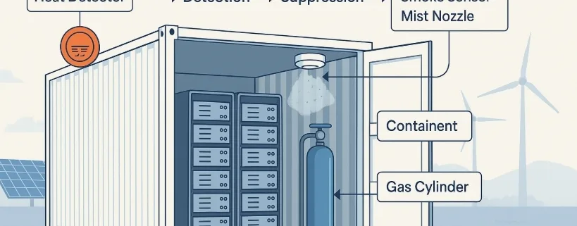 fire-suppression-system-in-bess - SunLith Energy SunLith Energy What is the Purpose of a Fire Suppression System in BESS?