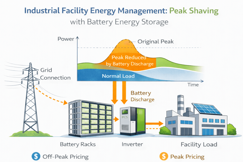 Industrial battery energy storage system performing peak shaving to reduce electricity demand charges