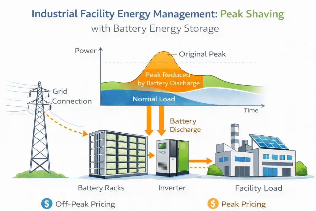Industrial battery energy storage system performing peak shaving to reduce electricity demand charges
