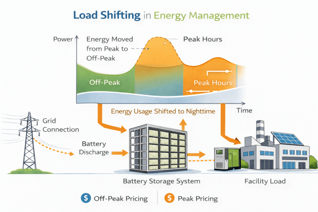 Load shifting electricity demand curve showing energy usage moved from peak hours to off peak periods