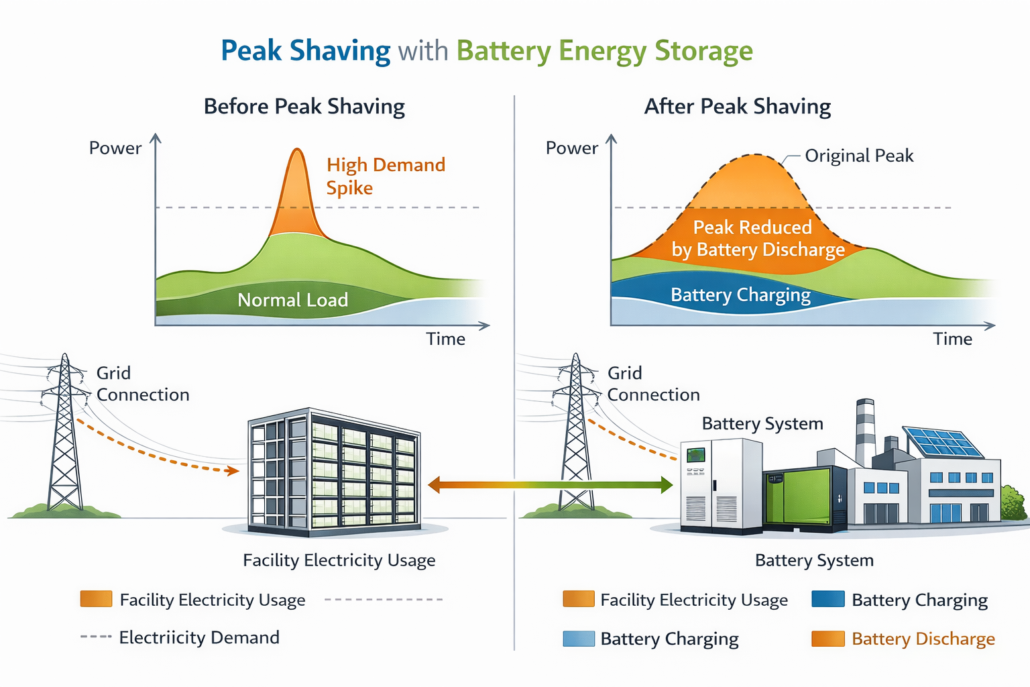 electricity demand curve showing peak shaving using battery storage