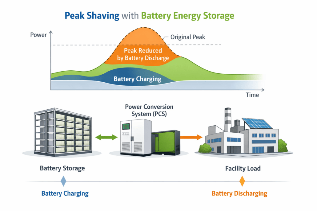 peak shaving energy storage system reducing electricity demand spikes