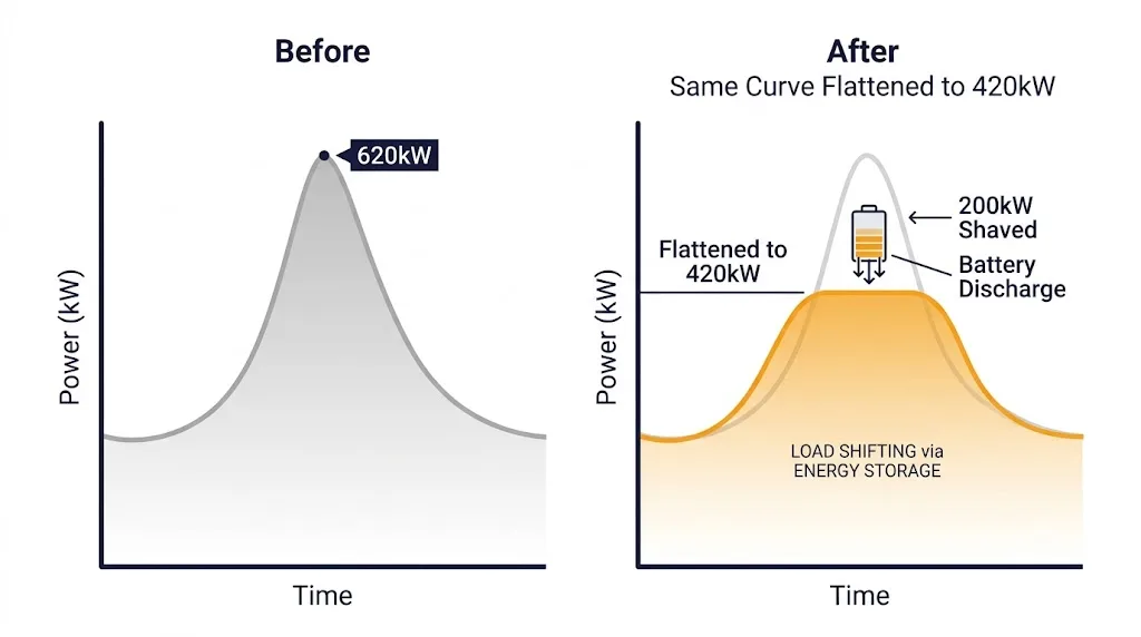 Before and after diagram showing 620kW peak demand reduced to 420kW with battery discharge