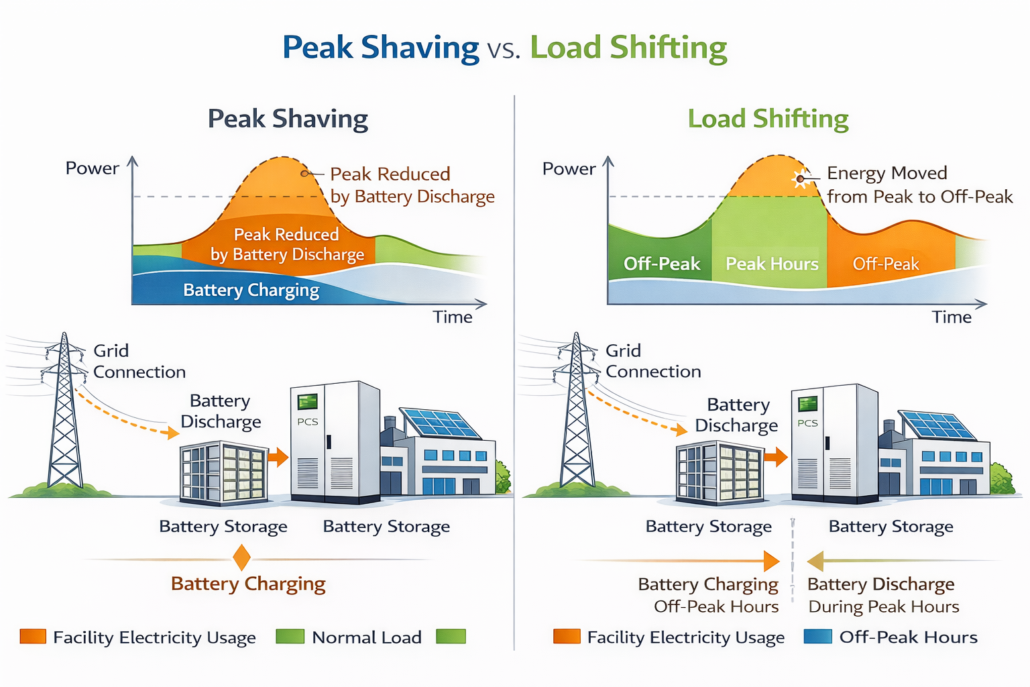 peak shaving vs load shifting energy management comparison diagram