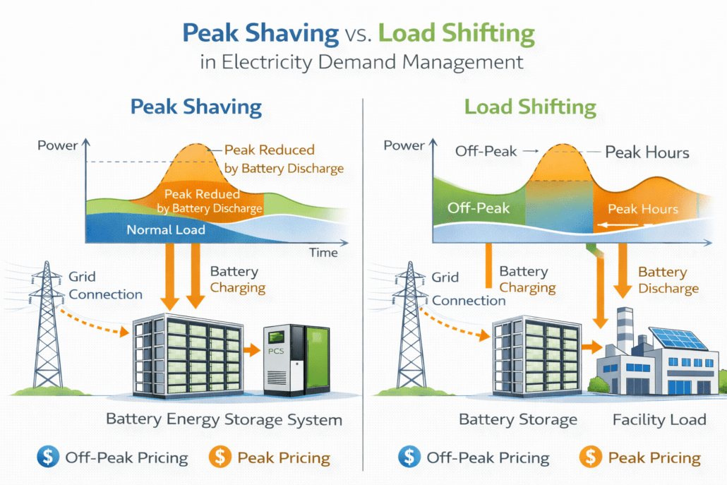 Peak shaving vs load shifting infographic showing electricity demand management strategies