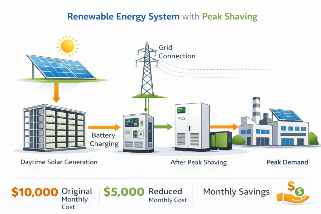 solar and battery energy storage system performing peak shaving