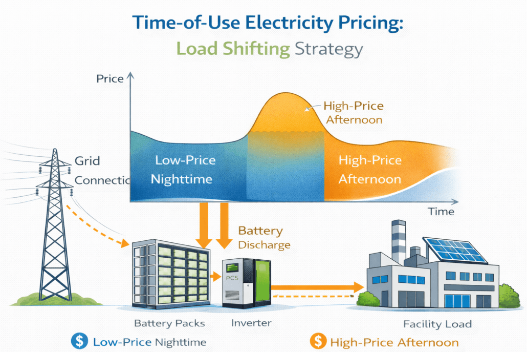 Time of use electricity pricing infographic showing load shifting energy consumption to off peak hours