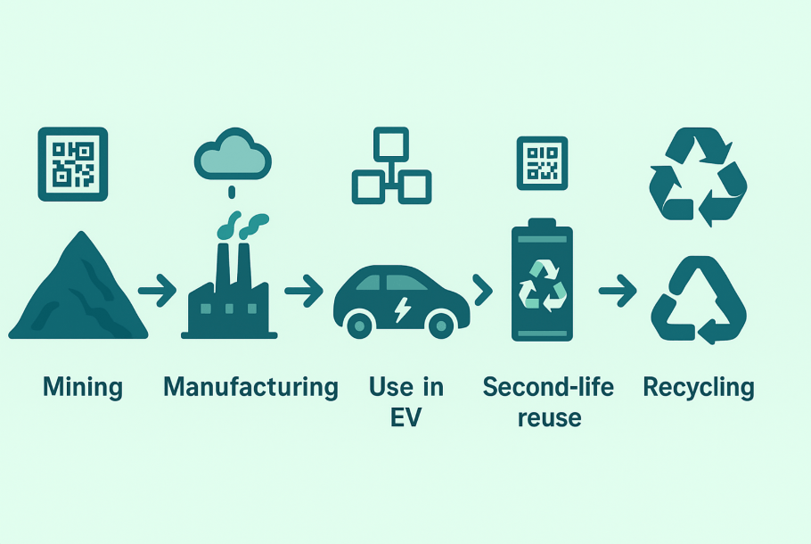 Infographic of the battery lifecycle from mining to recycling with data points for the Battery Passport.