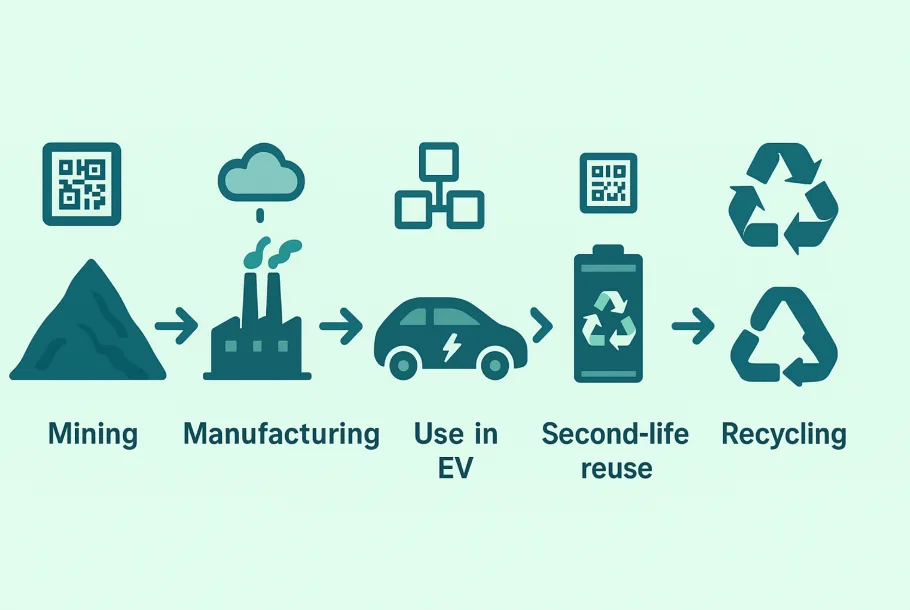 Infographic of the battery lifecycle from mining to recycling with data points for the Battery Passport.