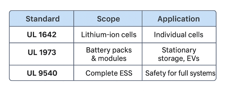 How does UL 1642 Certification is differ from UL 1973 and UL 9540?