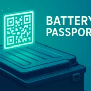 EV battery pack with a digital QR code showing a Battery Passport for traceability and compliance.