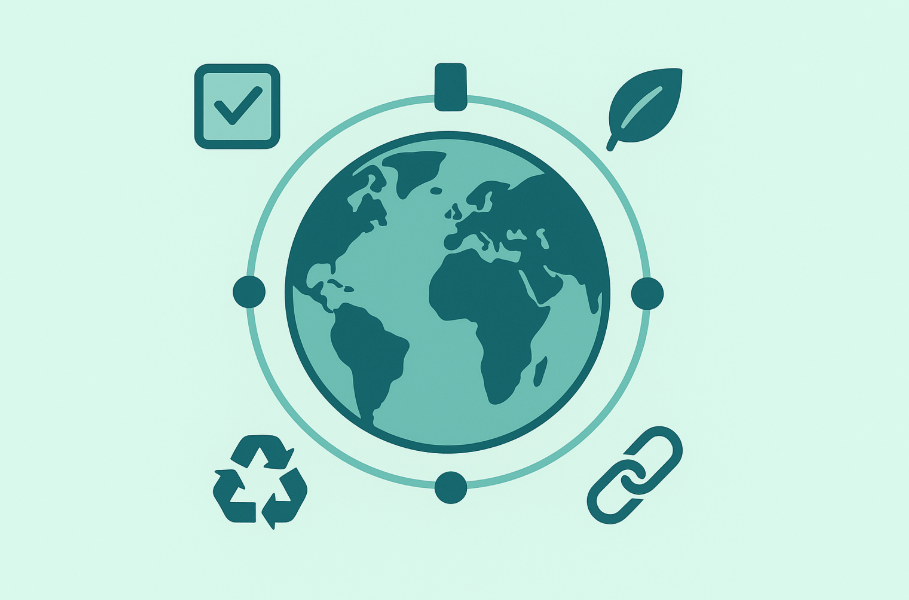 Global Battery Passport concept showing supply chain, regulation, and sustainability icons around the world.