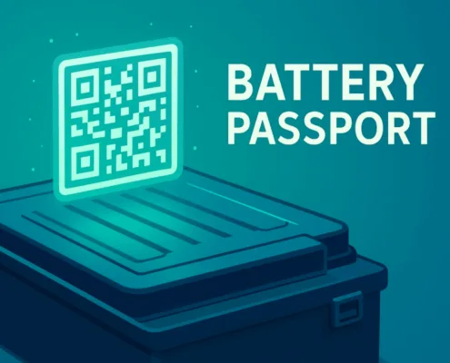 EV battery pack with a digital QR code showing a Battery Passport for traceability and compliance.