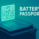EV battery pack with a digital QR code showing a Battery Passport for traceability and compliance.