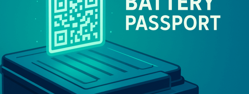 EV battery pack with a digital QR code showing a Battery Passport for traceability and compliance.