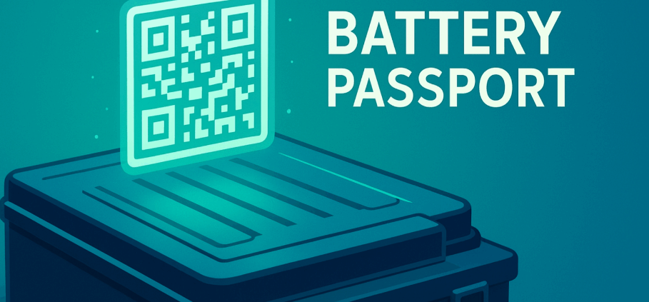 EV battery pack with a digital QR code showing a Battery Passport for traceability and compliance.