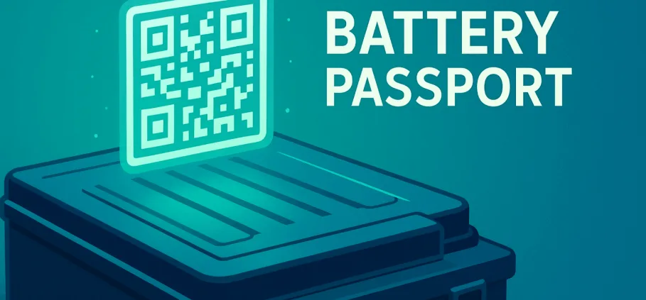EV battery pack with a digital QR code showing a Battery Passport for traceability and compliance.