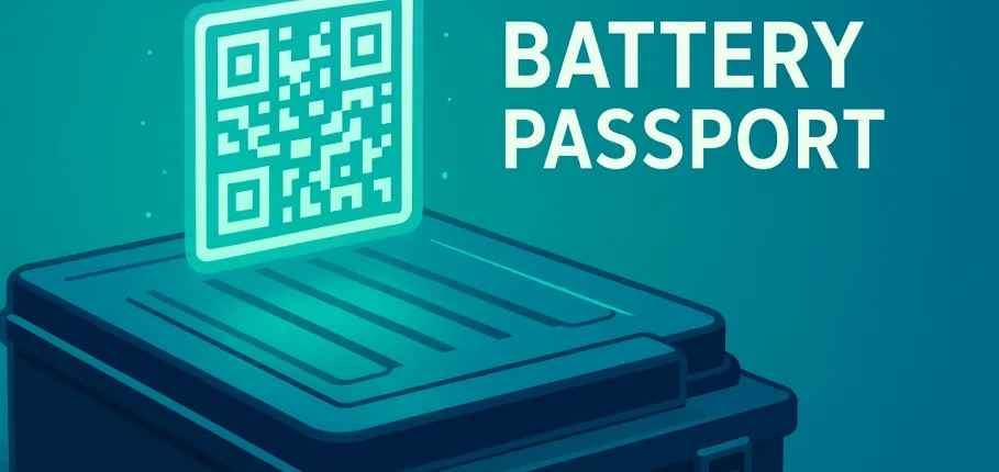 EV battery pack with a digital QR code showing a Battery Passport for traceability and compliance.