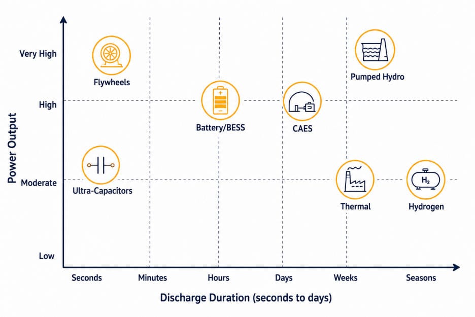Energy Storage Systems by Power and Discharge Duration - SunLith Energy SunLith Energy Chart plotting energy storage system types by power output and discharge duration, from ultra-capacitors to pumped hydro