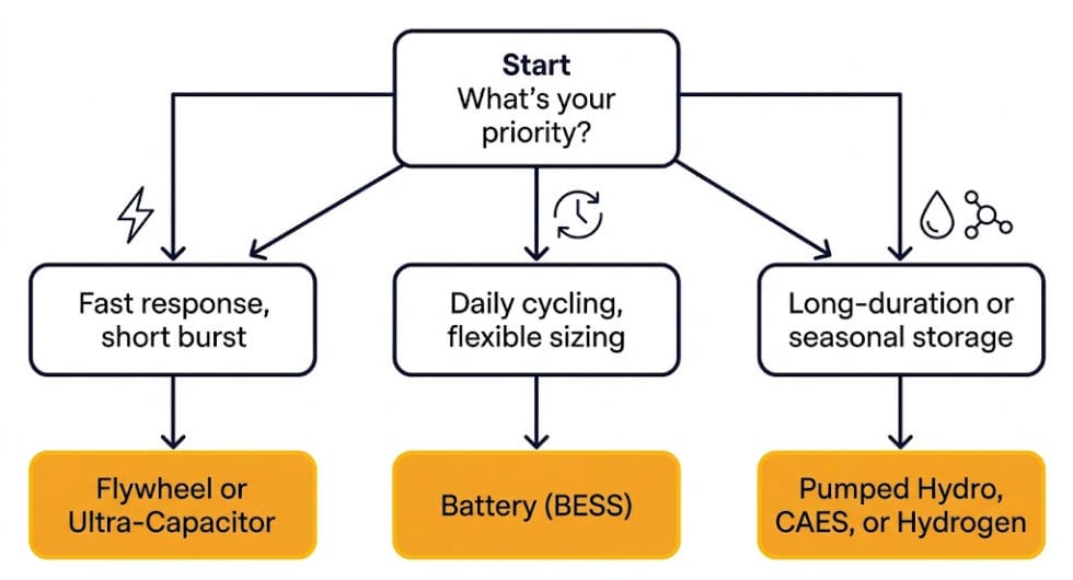 How to Choose the Right Energy Storage System - SunLith Energy SunLith Energy Simple decision flowchart for choosing the right type of energy storage system based on application and discharge duration
