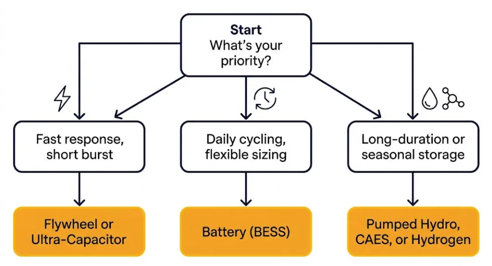 Simple decision flowchart for choosing the right type of energy storage system based on application and discharge duration