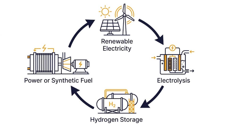 Hydrogen and Power-to-X Storage Cycle - SunLith Energy SunLith Energy Diagram showing the hydrogen energy storage cycle from electrolysis to power generation