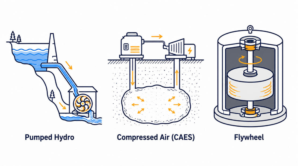 Mechanical Energy Storage Systems Comparison - SunLith Energy SunLith Energy Diagram comparing three types of mechanical energy storage systems: pumped hydro, compressed air, and flywheels
