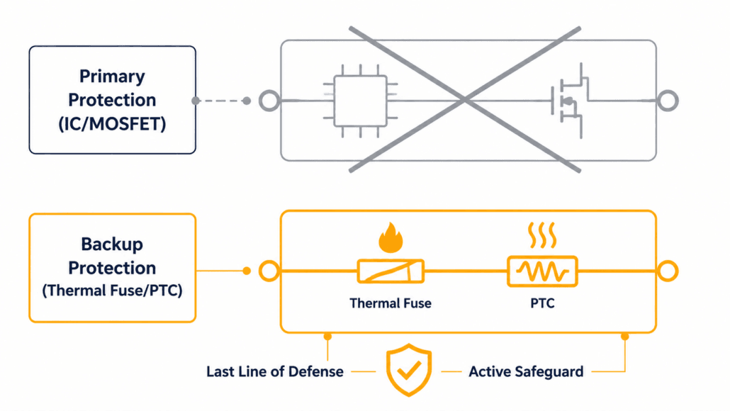 Diagram showing how UL 2054 disables primary protection to test the backup fuse layer