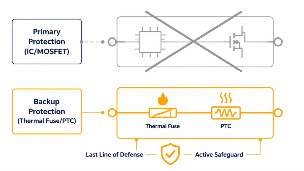 SunLith Energy Diagram showing how UL 2054 disables primary protection to test the backup fuse layer