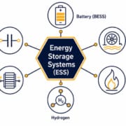 SunLith Energy Diagram showing the six main types of energy storage systems: battery, mechanical, thermal, hydrogen, fuel cell, and supercapacitor