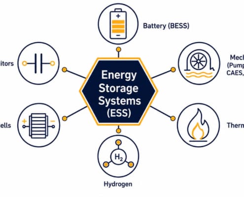 SunLith Energy Diagram showing the six main types of energy storage systems: battery, mechanical, thermal, hydrogen, fuel cell, and supercapacitor