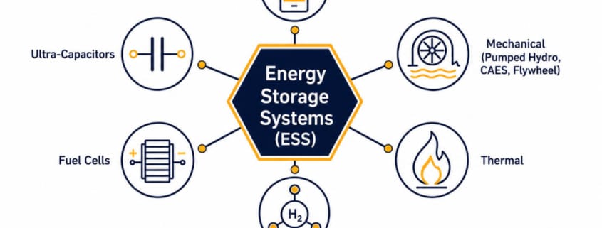 Types of Energy Storage Systems Overview Diagram - SunLith Energy SunLith Energy Diagram showing the six main types of energy storage systems: battery, mechanical, thermal, hydrogen, fuel cell, and supercapacitor