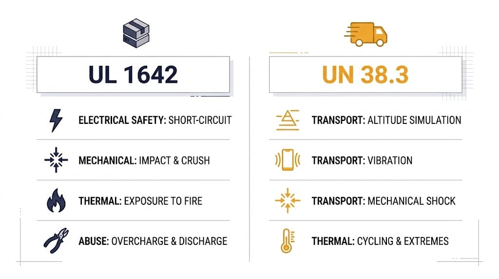 Side-by-side comparison of UL 1642 Certification for product safety and UN 38.3 transport safety requirements