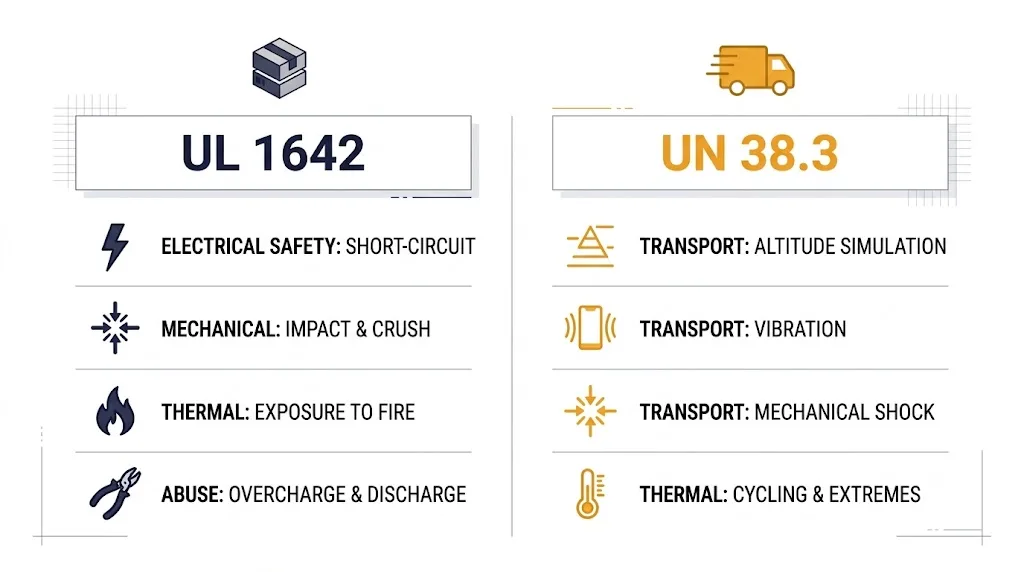 Side-by-side comparison of UL 1642 Certification for product safety and UN 38.3 transport safety requirements