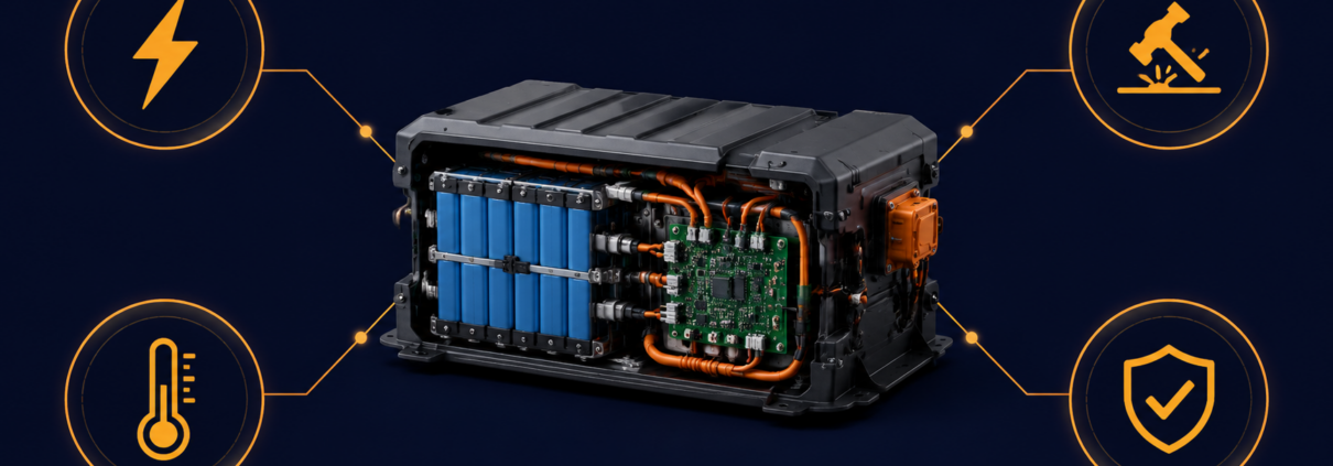 ul-2054-certified-battery-pack-safety-testing - SunLith Energy SunLith Energy Electric high‑voltage battery pack with blue cells and orange wiring, linked to icons for power, temperature, impact testing, and safety.