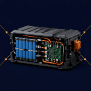 SunLith Energy Electric high‑voltage battery pack with blue cells and orange wiring, linked to icons for power, temperature, impact testing, and safety.
