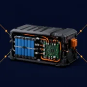 SunLith Energy Electric high‑voltage battery pack with blue cells and orange wiring, linked to icons for power, temperature, impact testing, and safety.