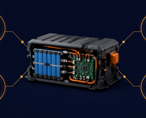 ul-2054-certified-battery-pack-safety-testing - SunLith Energy SunLith Energy Electric high‑voltage battery pack with blue cells and orange wiring, linked to icons for power, temperature, impact testing, and safety.
