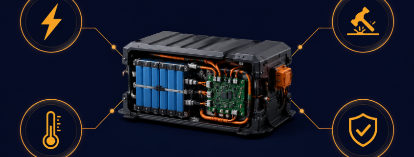 Electric high‑voltage battery pack with blue cells and orange wiring, linked to icons for power, temperature, impact testing, and safety.