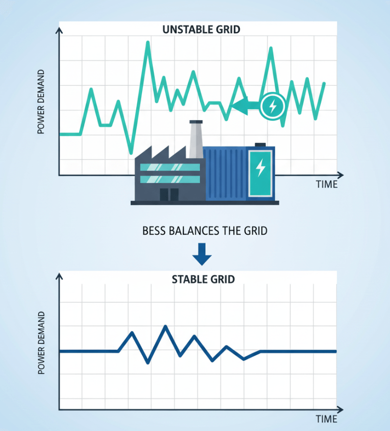 BESS stabilizing electricity grid frequency