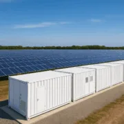 Solar farm with containerized battery storage system.