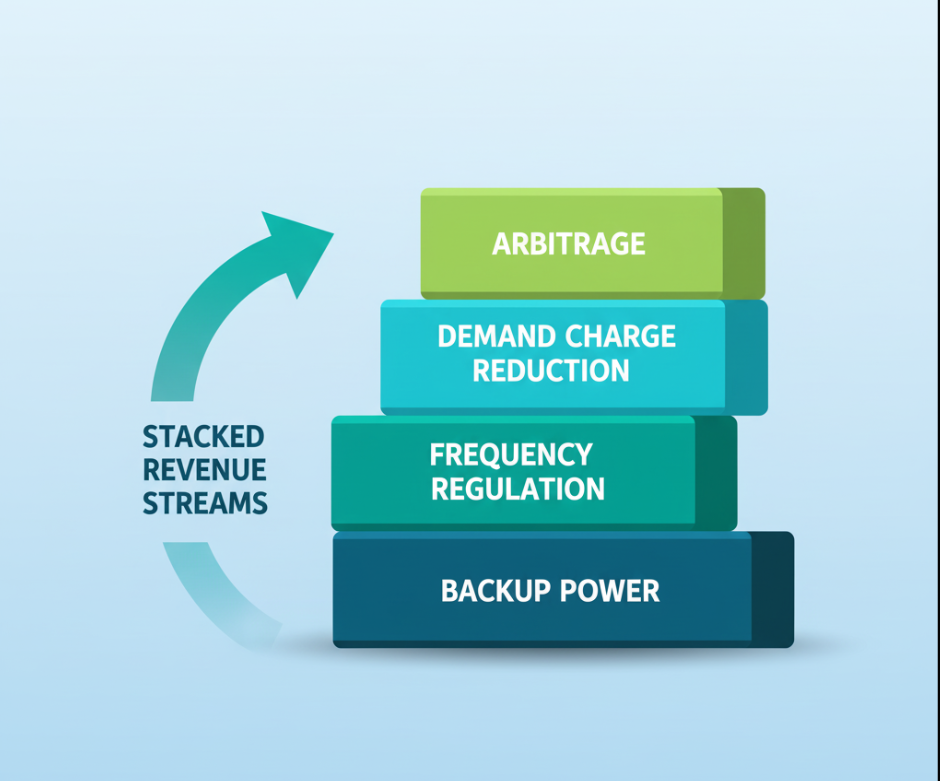 BESS revenue stacking model with multiple income streams.
