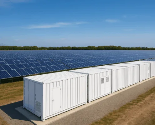 Solar farm with containerized battery storage system.