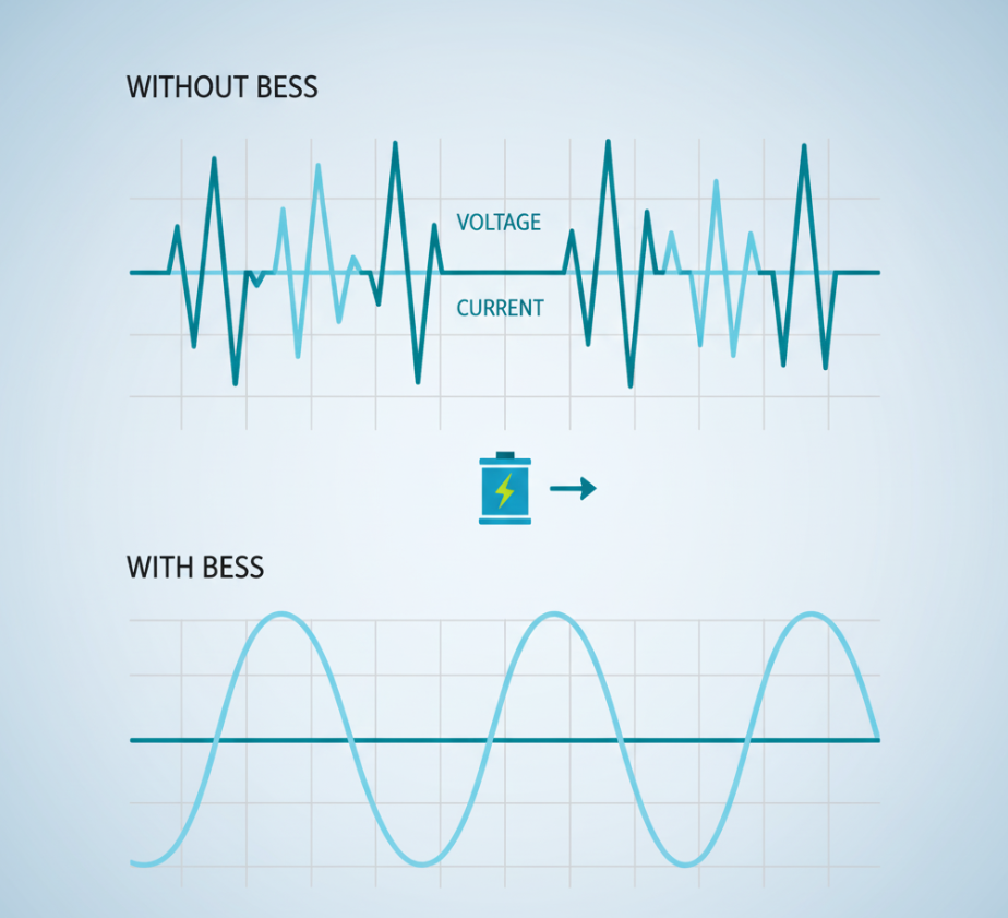 BESS improving power quality and reducing harmonics.
