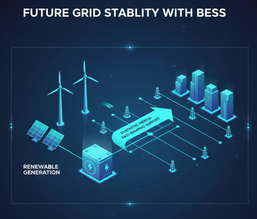 BESS providing synthetic inertia to renewable grid.
