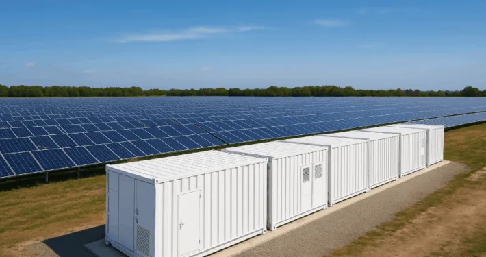 Solar farm with containerized battery storage system.