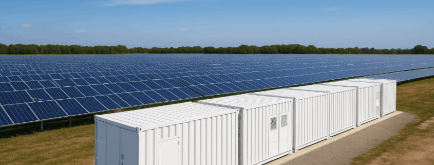 Solar farm with containerized battery storage system.