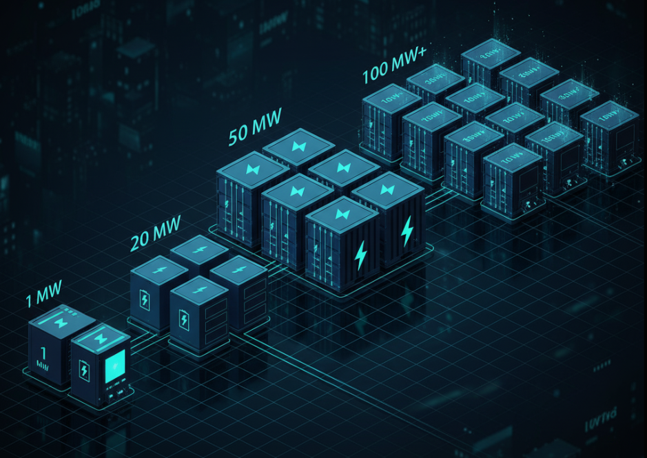 Scalable modular BESS deployment from small to large.