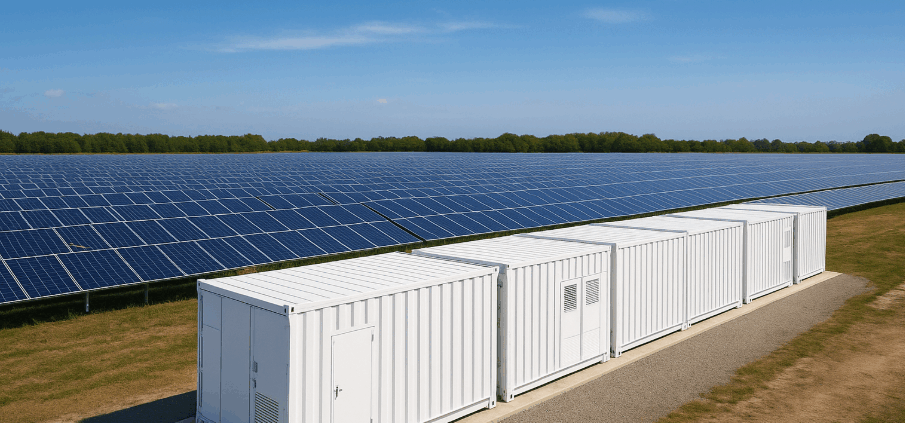 Solar farm with containerized battery storage system.